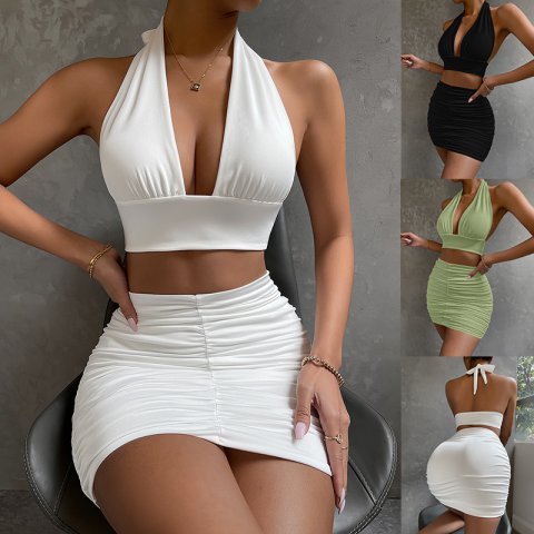 2pcs Dress Suit For Women Halter Lace-up Hip Top And Pleated Hip-covering Skirt