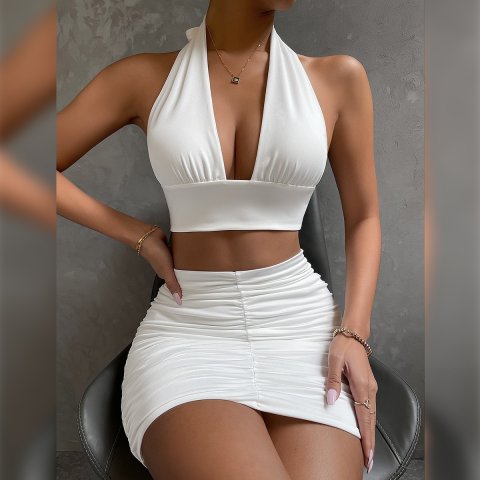 2pcs Dress Suit For Women Halter Lace-up Hip Top And Pleated Hip-covering Skirt 3