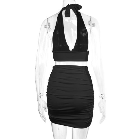 2pcs Dress Suit For Women Halter Lace-up Hip Top And Pleated Hip-covering Skirt 5