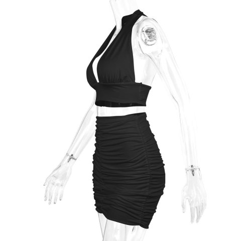 2pcs Dress Suit For Women Halter Lace-up Hip Top And Pleated Hip-covering Skirt 6