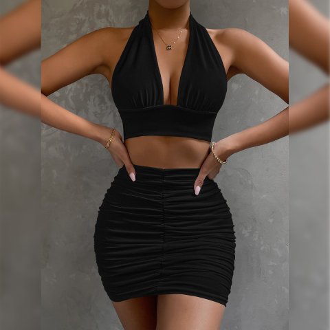 2pcs Dress Suit For Women Halter Lace-up Hip Top And Pleated Hip-covering Skirt 8