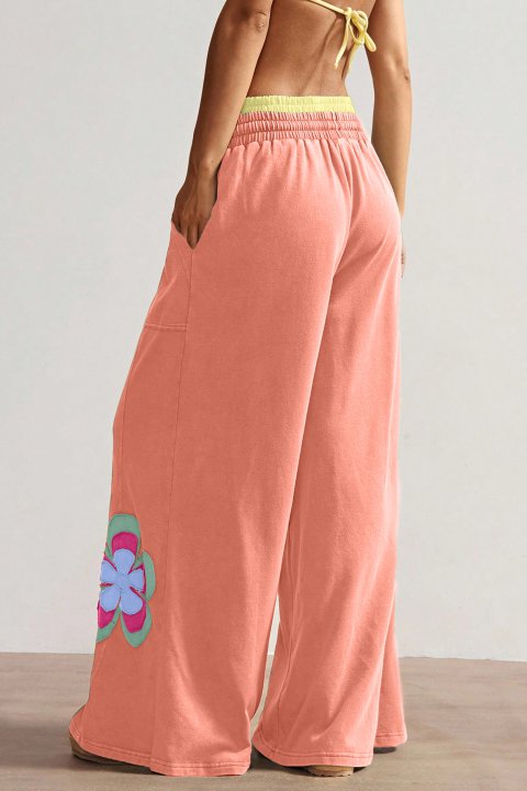 Grapefruit Orange Color Block Flower Patchwork Pants