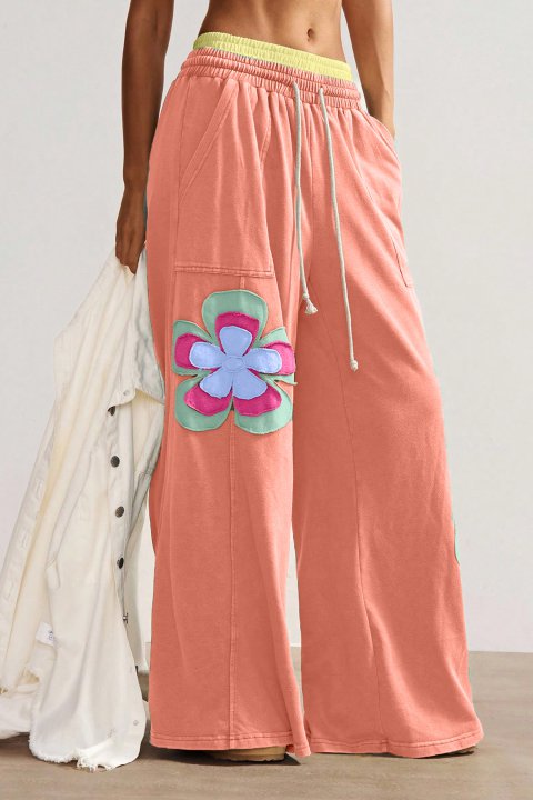 Grapefruit Orange Color Block Flower Patchwork Pants 3