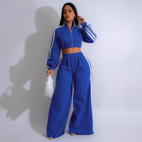 Striped Zippered Sweatshirt and Trousers Set 3