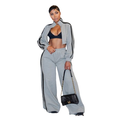 Striped Zippered Sweatshirt and Trousers Set 5