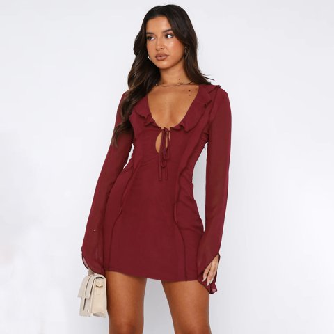 Sexy Ruffled V-neck Lace up Long sleeved 4