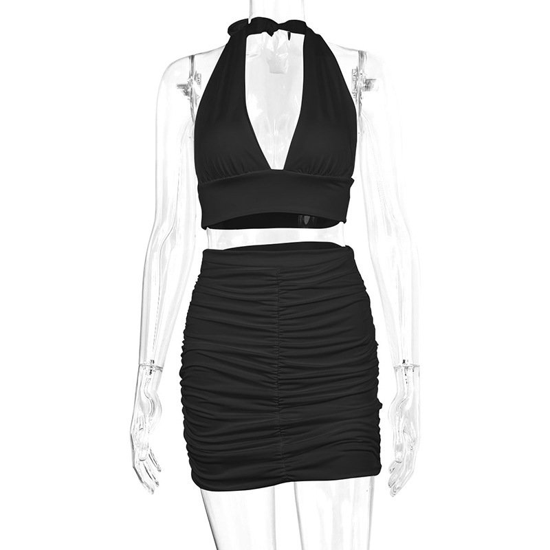 2pcs Dress Suit For Women Halter Lace-up Hip Top And Pleated Hip-covering Skirt