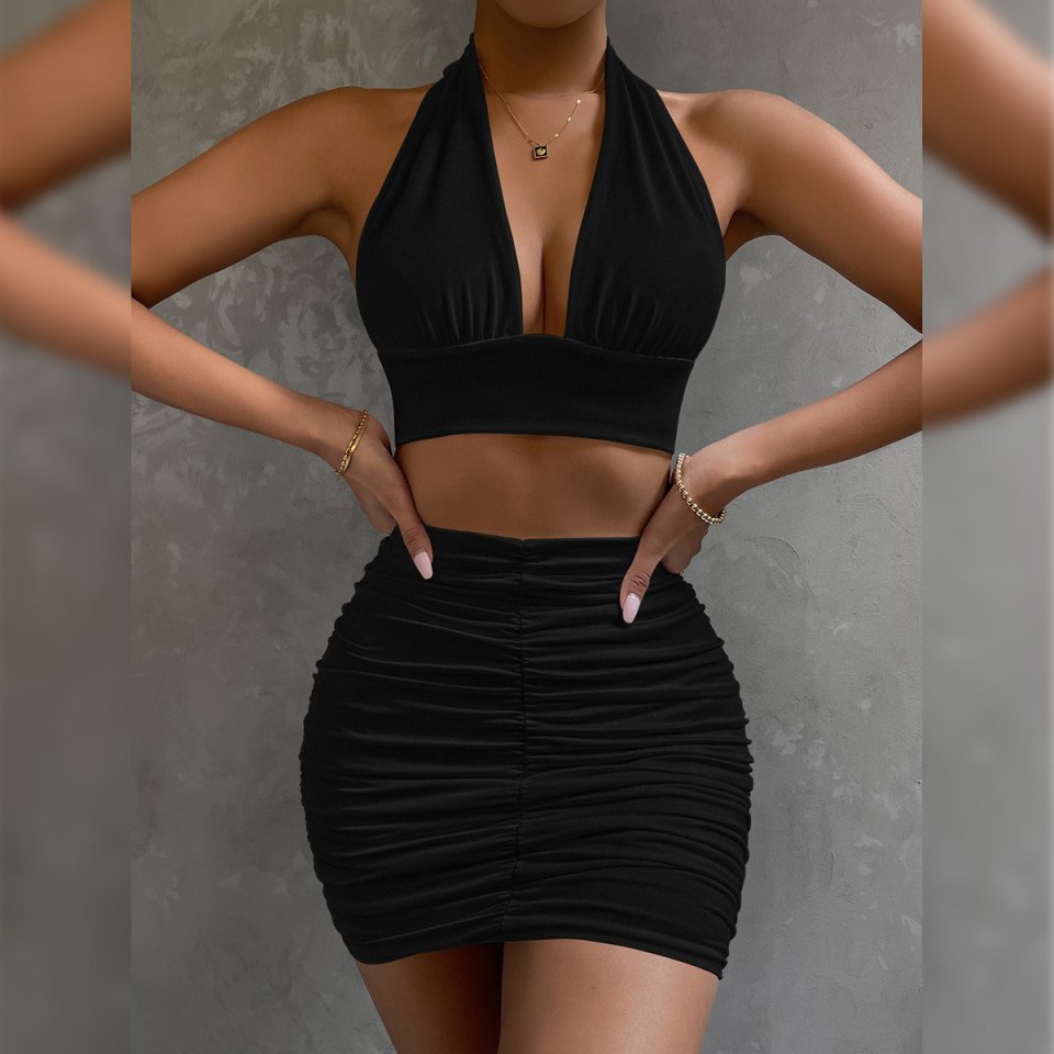 2pcs Dress Suit For Women Halter Lace-up Hip Top And Pleated Hip-covering Skirt