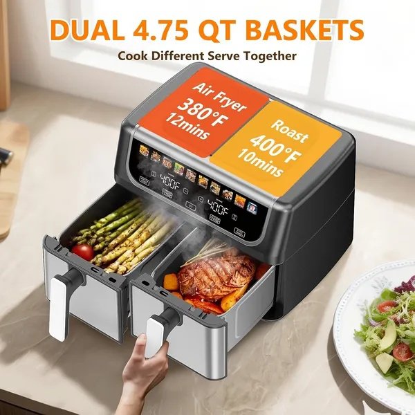 9.5 Quart Large Dual Basket Air Fryer With Double Basket