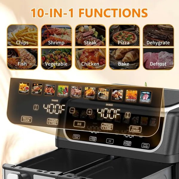 9.5 Quart Large Dual Basket Air Fryer With Double Basket