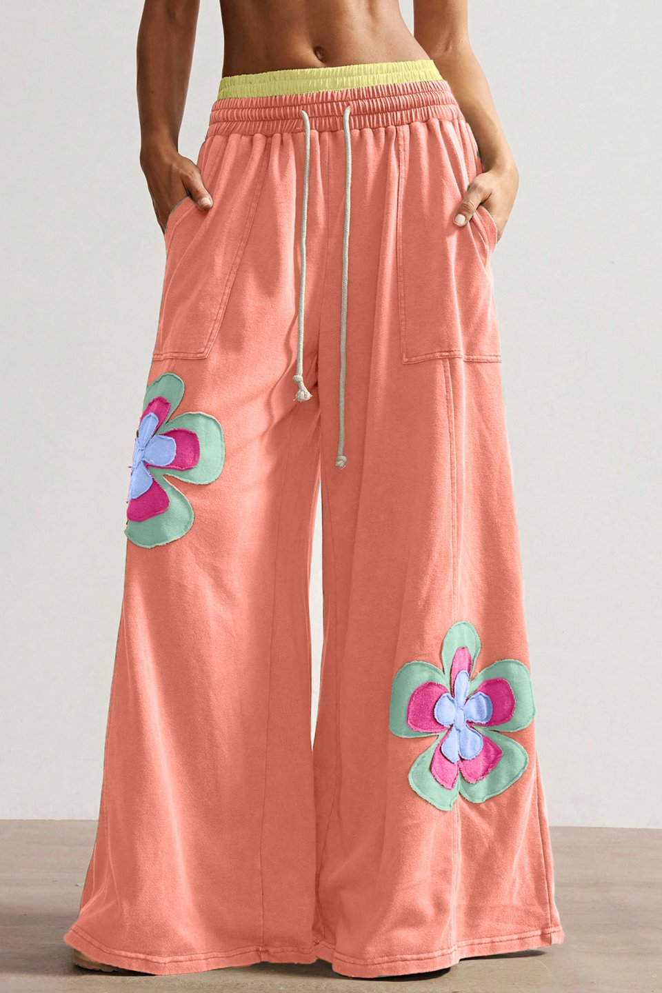 Grapefruit Orange Color Block Flower Patchwork Pants