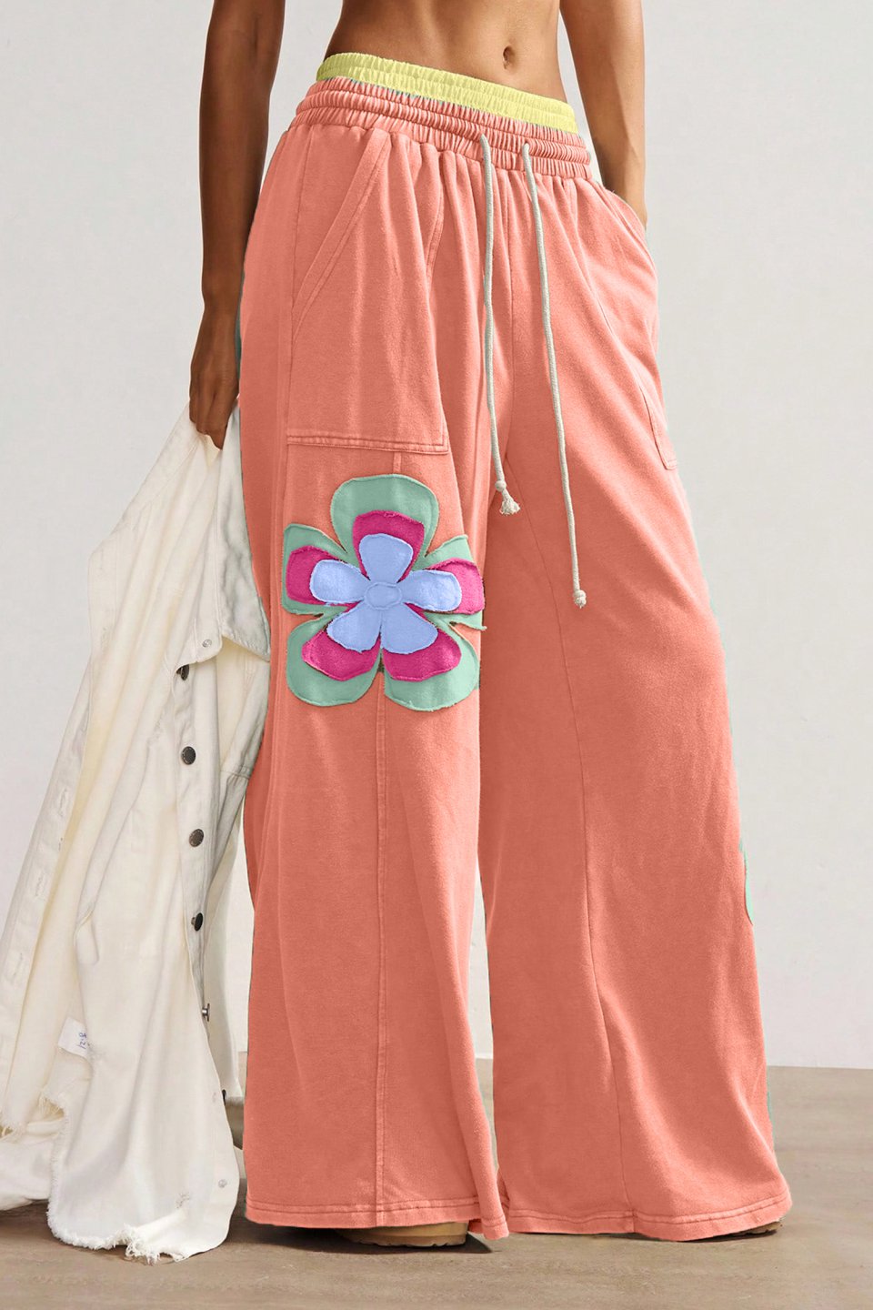 Grapefruit Orange Color Block Flower Patchwork Pants