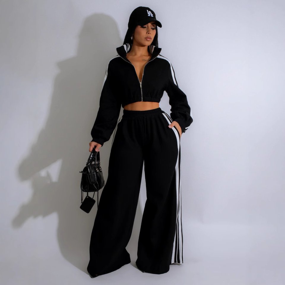 Striped Zippered Sweatshirt and Trousers Set