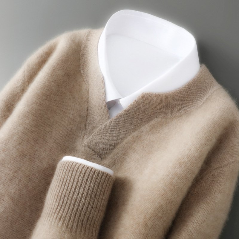 Men's V-Neck Wool Sweater Loose Pullover