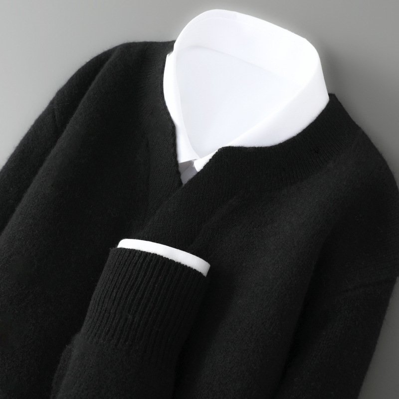Men's V-Neck Wool Sweater Loose Pullover