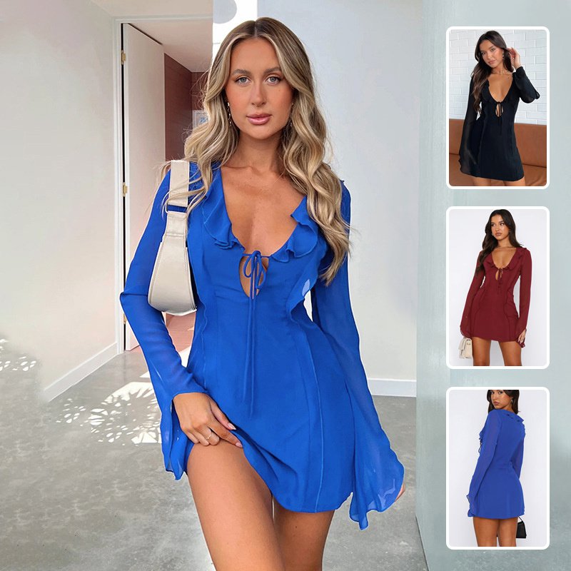 Sexy Ruffled V-neck Lace up Long sleeved