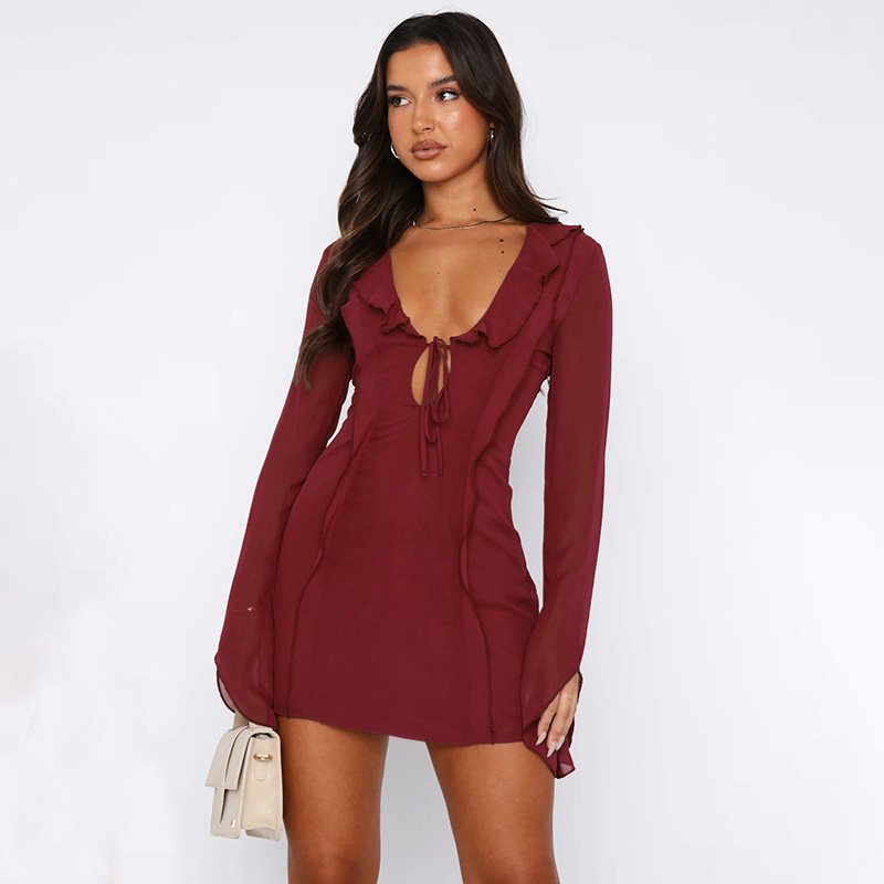 Sexy Ruffled V-neck Lace up Long sleeved