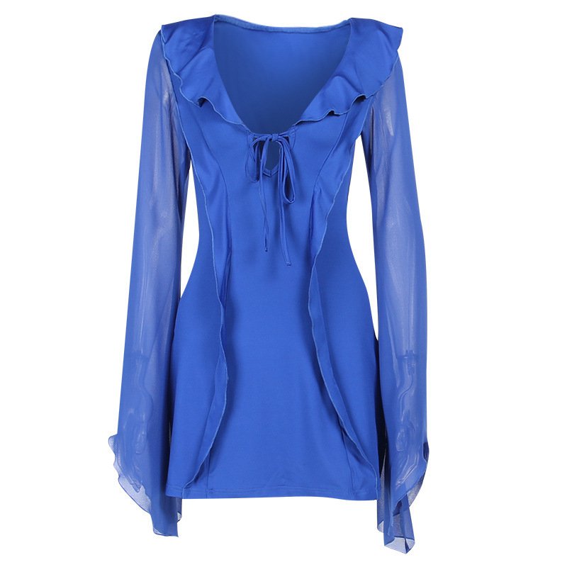 Sexy Ruffled V-neck Lace up Long sleeved